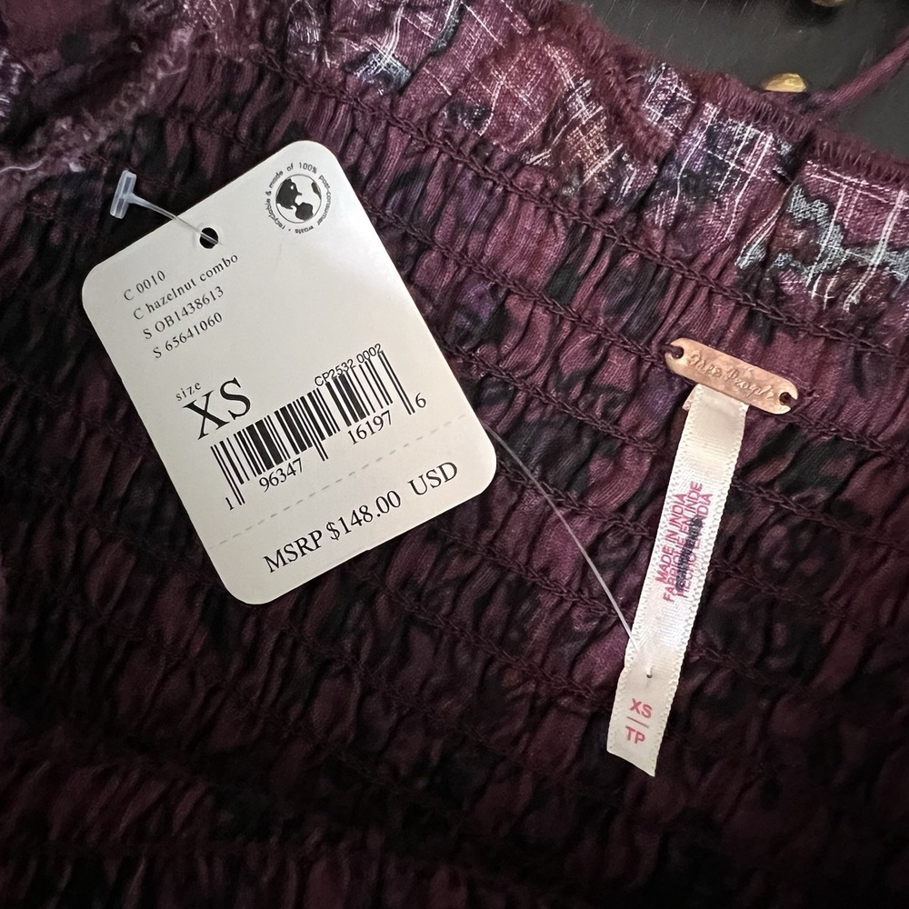Free People Smock It To Me Mini Dress XS Burgundy Floral Puff Sleeve Cotton NEW - Picture 9 of 13